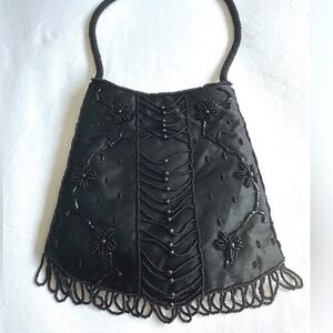 Vintage Black Beaded‎ Evening Bag Floral Fringe Handbag Y2K Formal Purse